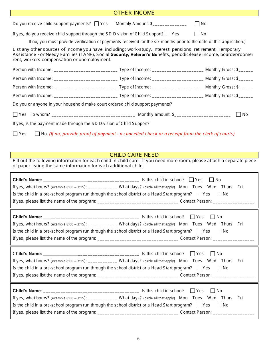 Form DSS-CC-950 Child Care Assistance Application - South Dakota, Page 6