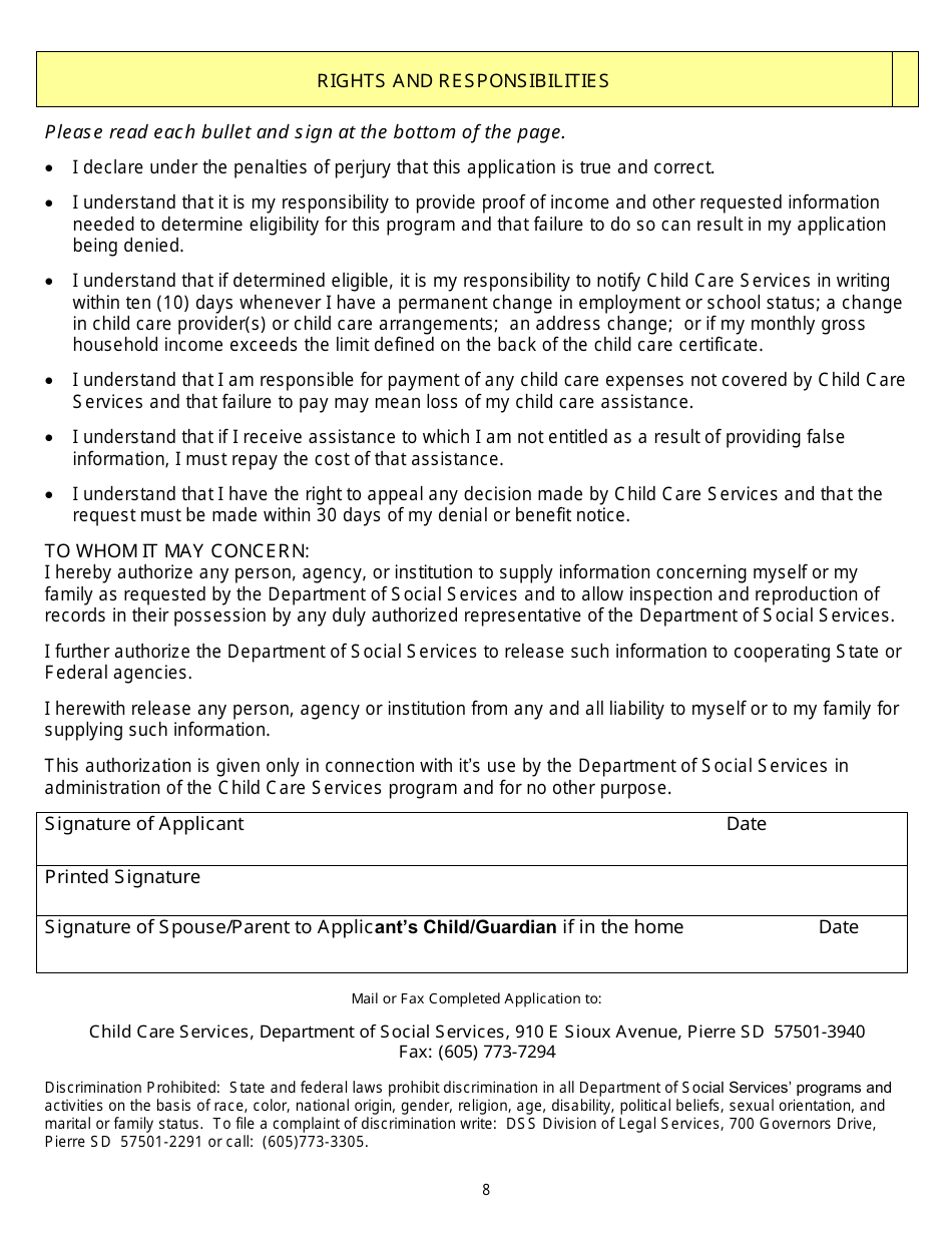 Form DSS-CC-950 Child Care Assistance Application - South Dakota, Page 8