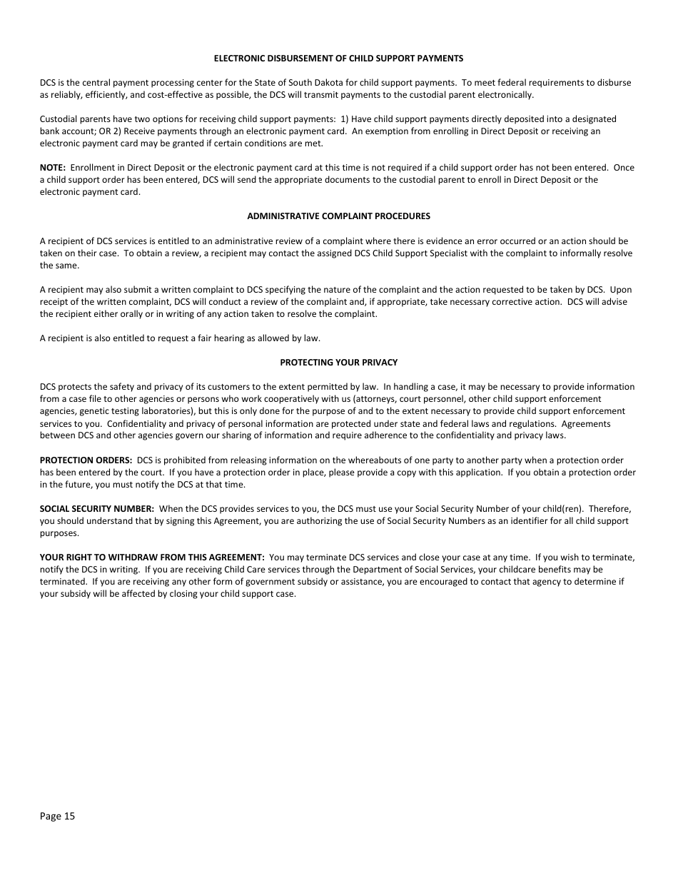 Form DSS-SE-408 Application for Child Support Services - South Dakota, Page 15