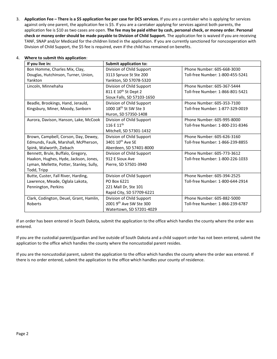 Form DSS-SE-408 Application for Child Support Services - South Dakota, Page 2