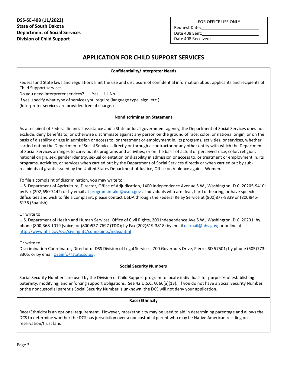 Form DSS-SE-408 Application for Child Support Services - South Dakota, Page 3