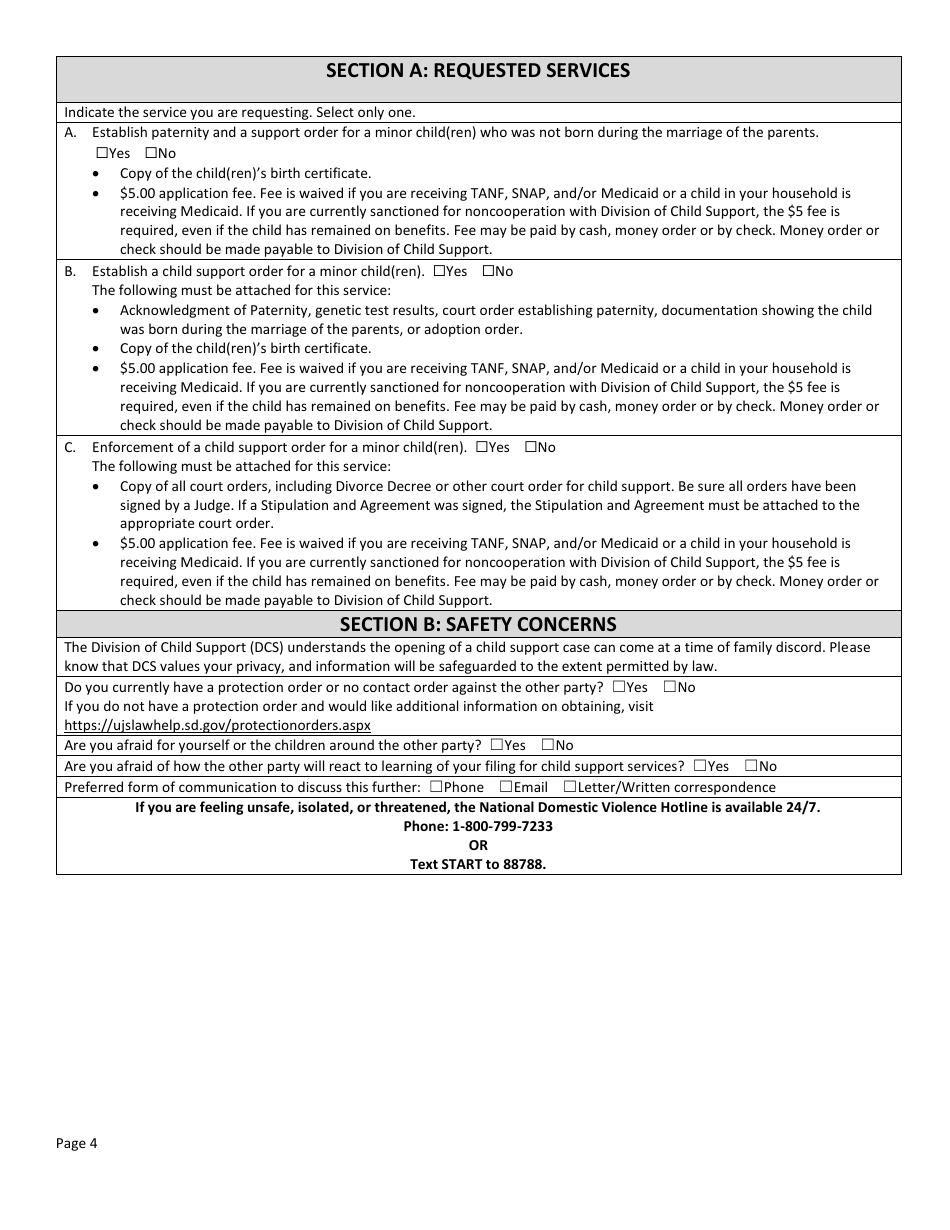 Form DSS-SE-408 Application for Child Support Services - South Dakota, Page 4