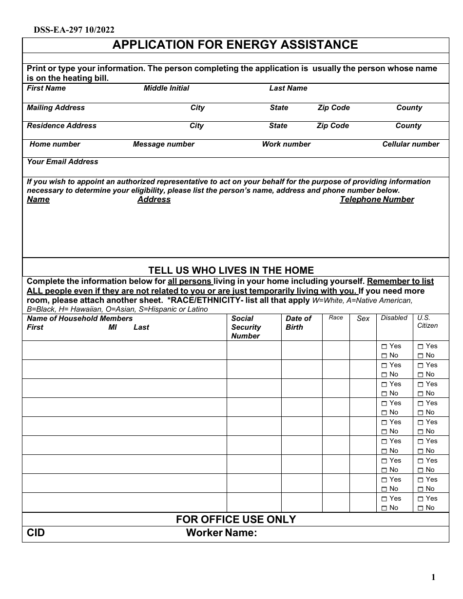 Form Dss Ea 297 Download Printable Pdf Or Fill Online Application For Energy Assistance South 8249