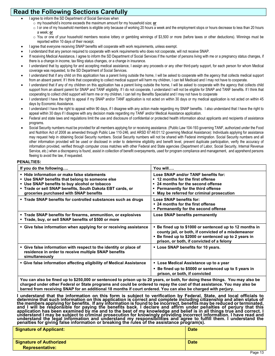 Form DSS-EA-301 Economic Assistance Application - South Dakota, Page 13