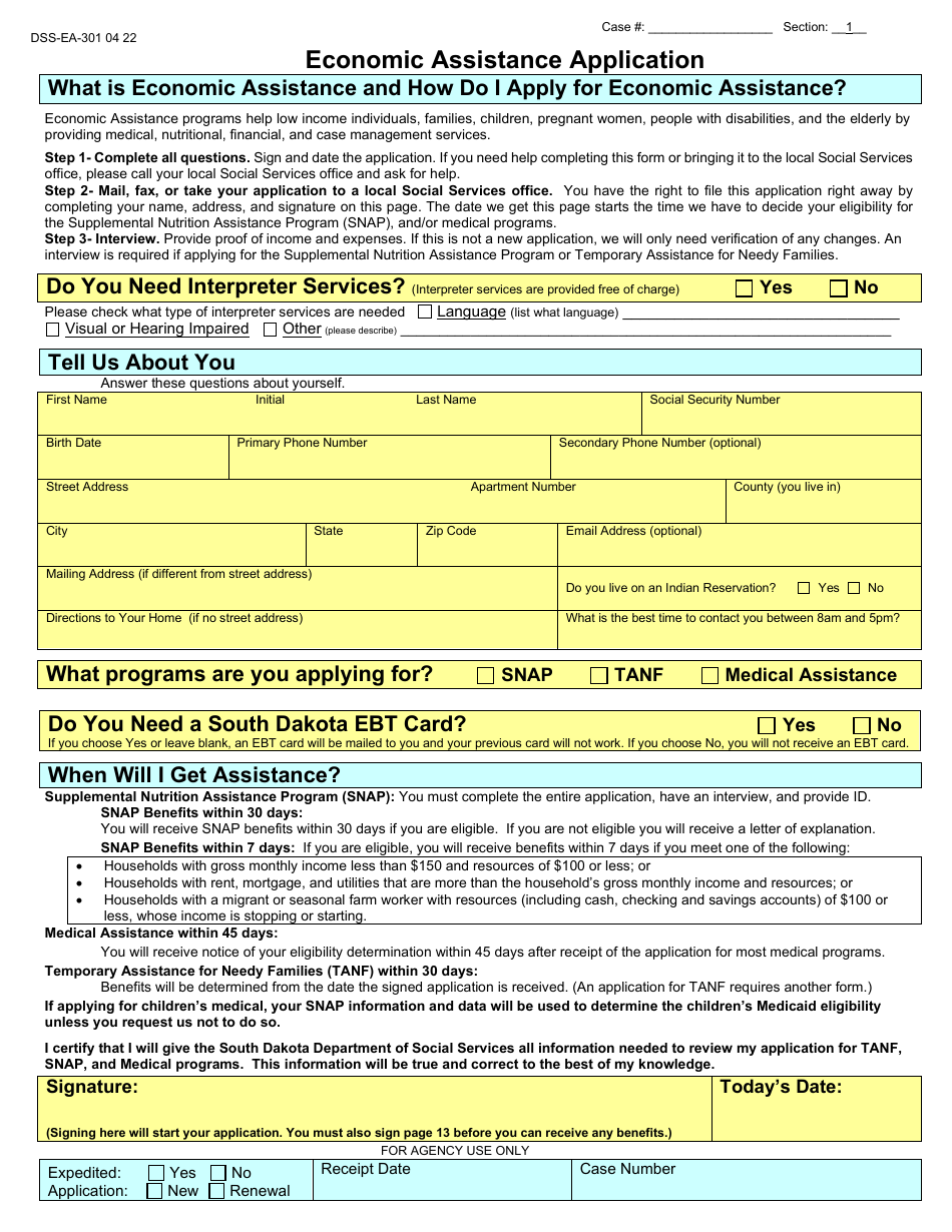 Form DSS-EA-301 Economic Assistance Application - South Dakota, Page 1
