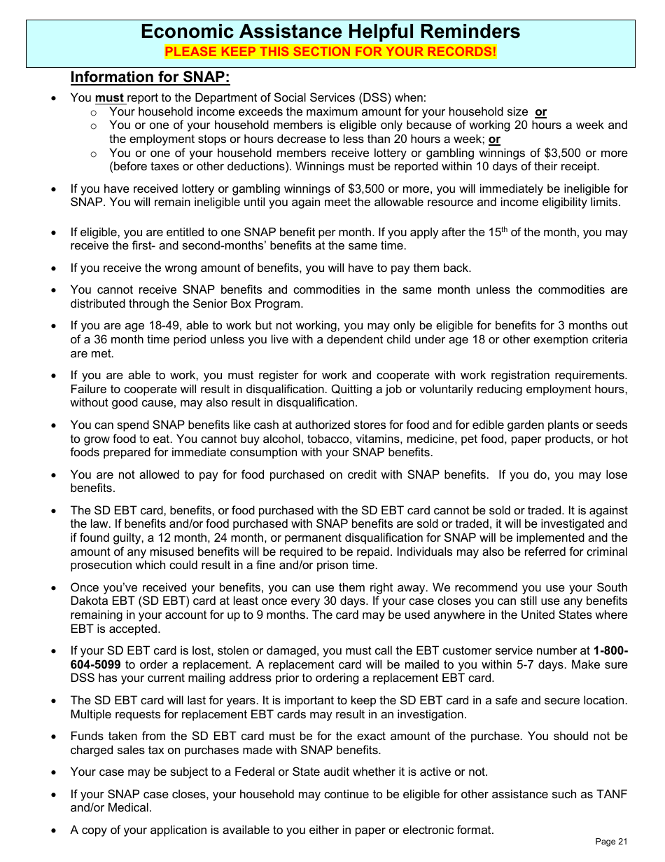 Form DSS-EA-301 Economic Assistance Application - South Dakota, Page 21