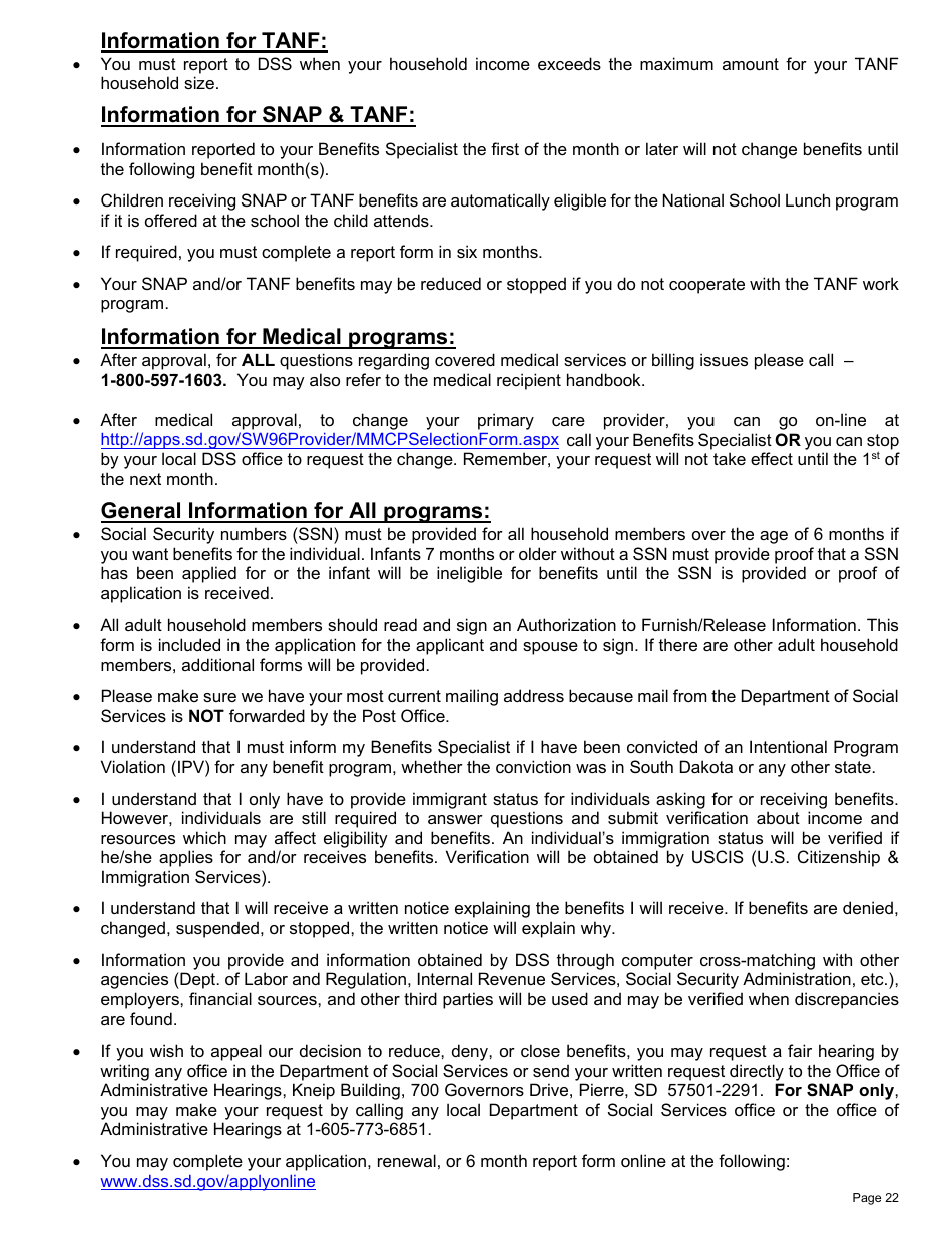 Form DSS-EA-301 Economic Assistance Application - South Dakota, Page 22