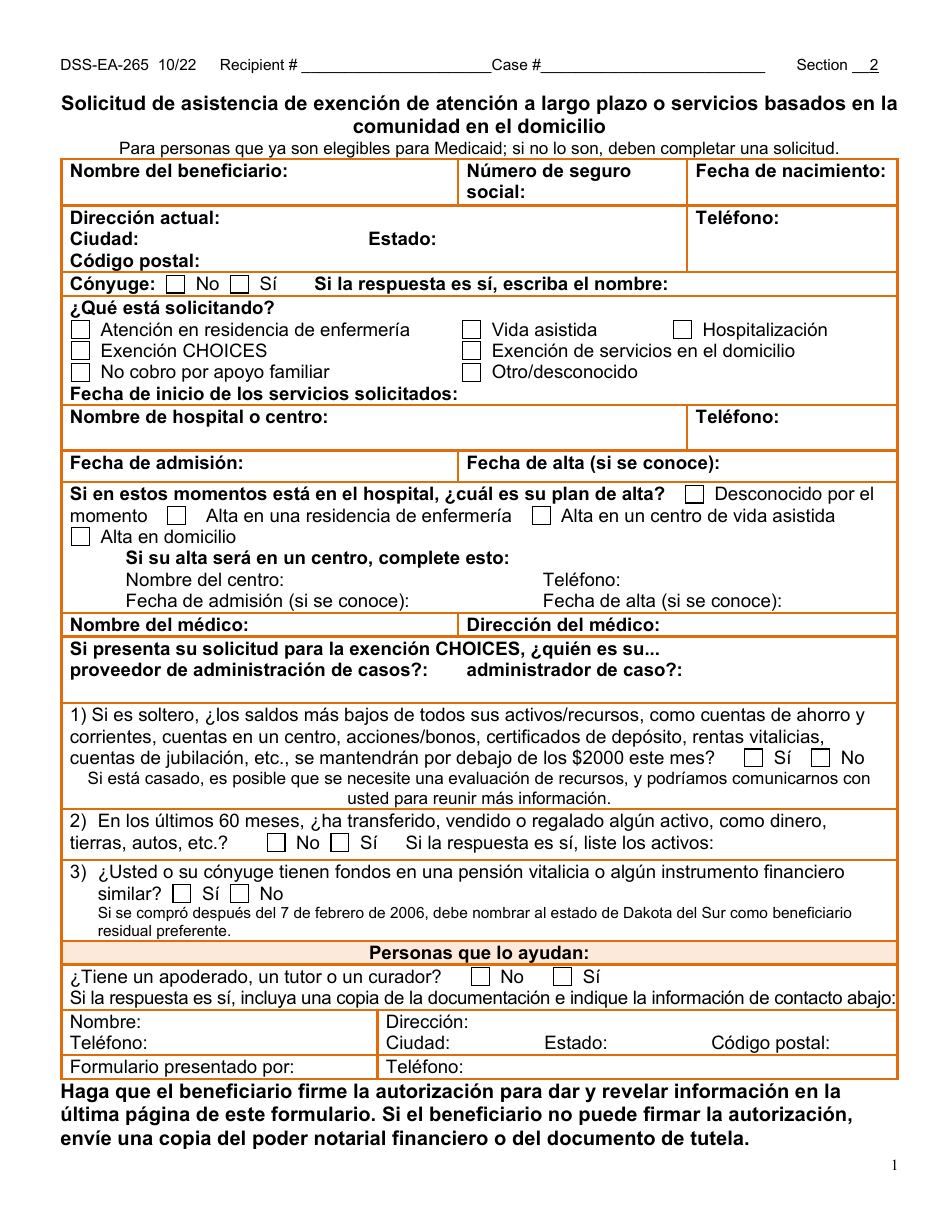 Formulario DSS-EA-265 Solicitud De Asistencia De Exencion De Atencion a Largo Plazo O Servicios Basados En La Comunidad En El Domicilio - South Dakota (Spanish), Page 1