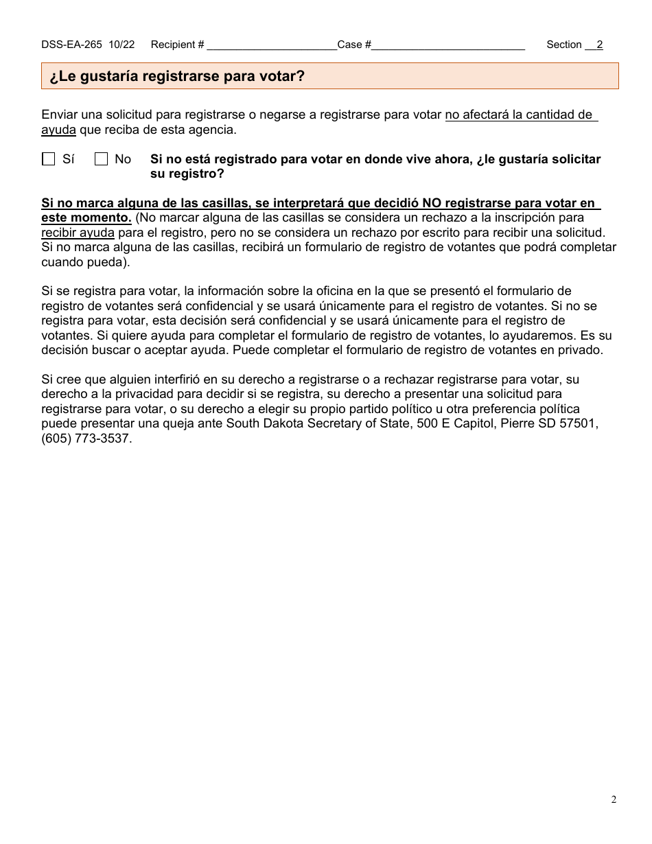 Formulario DSS-EA-265 Solicitud De Asistencia De Exencion De Atencion a Largo Plazo O Servicios Basados En La Comunidad En El Domicilio - South Dakota (Spanish), Page 2