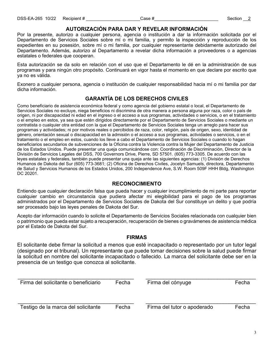 Formulario DSS-EA-265 Solicitud De Asistencia De Exencion De Atencion a Largo Plazo O Servicios Basados En La Comunidad En El Domicilio - South Dakota (Spanish), Page 3