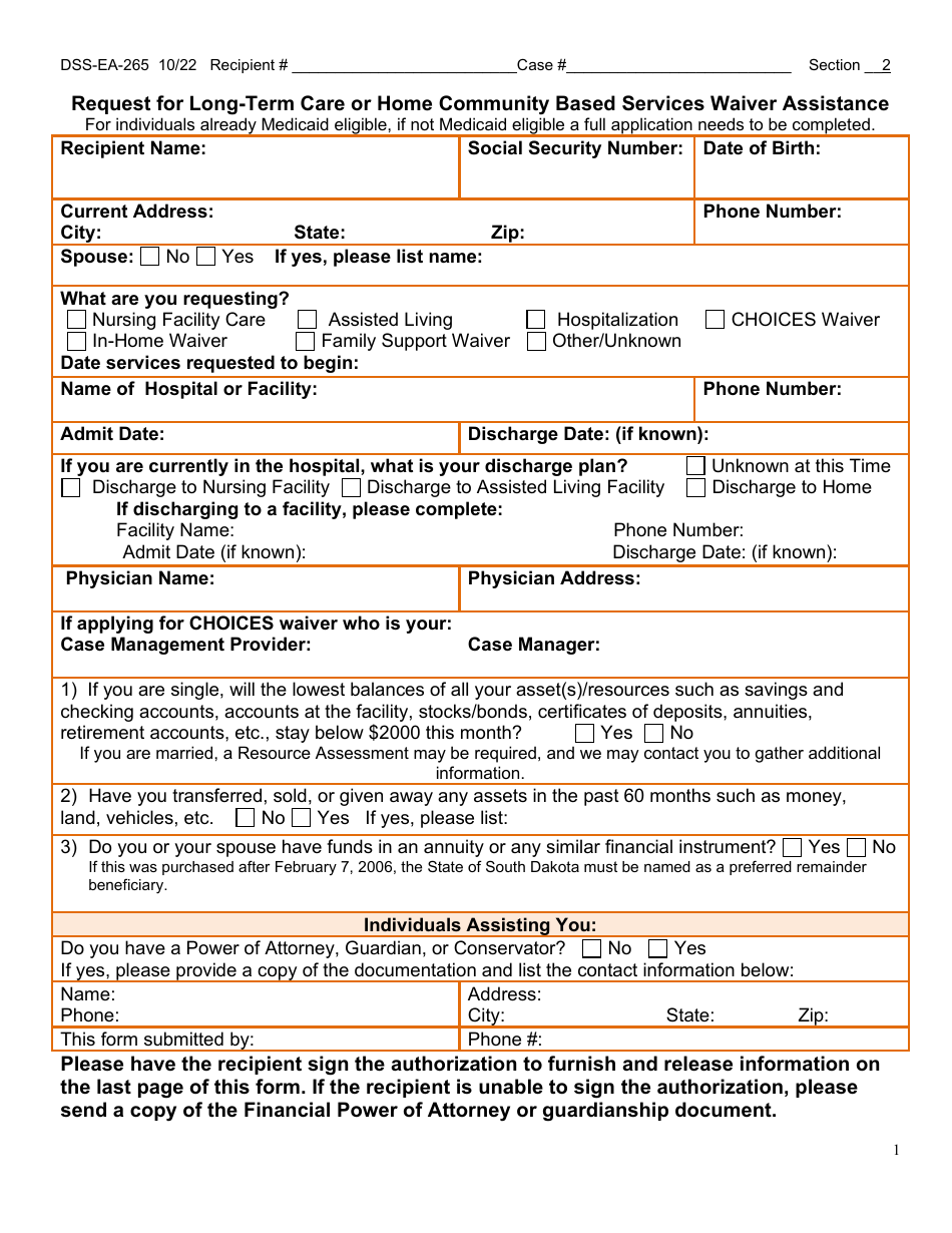 Form Dss Ea 265 Download Printable Pdf Or Fill Online Request For Long Term Care Or Home 5297
