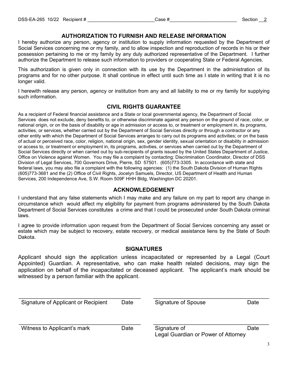 Form DSS-EA-265 Request for Long-Term Care or Home Community Based Services Waiver Assistance - South Dakota, Page 3
