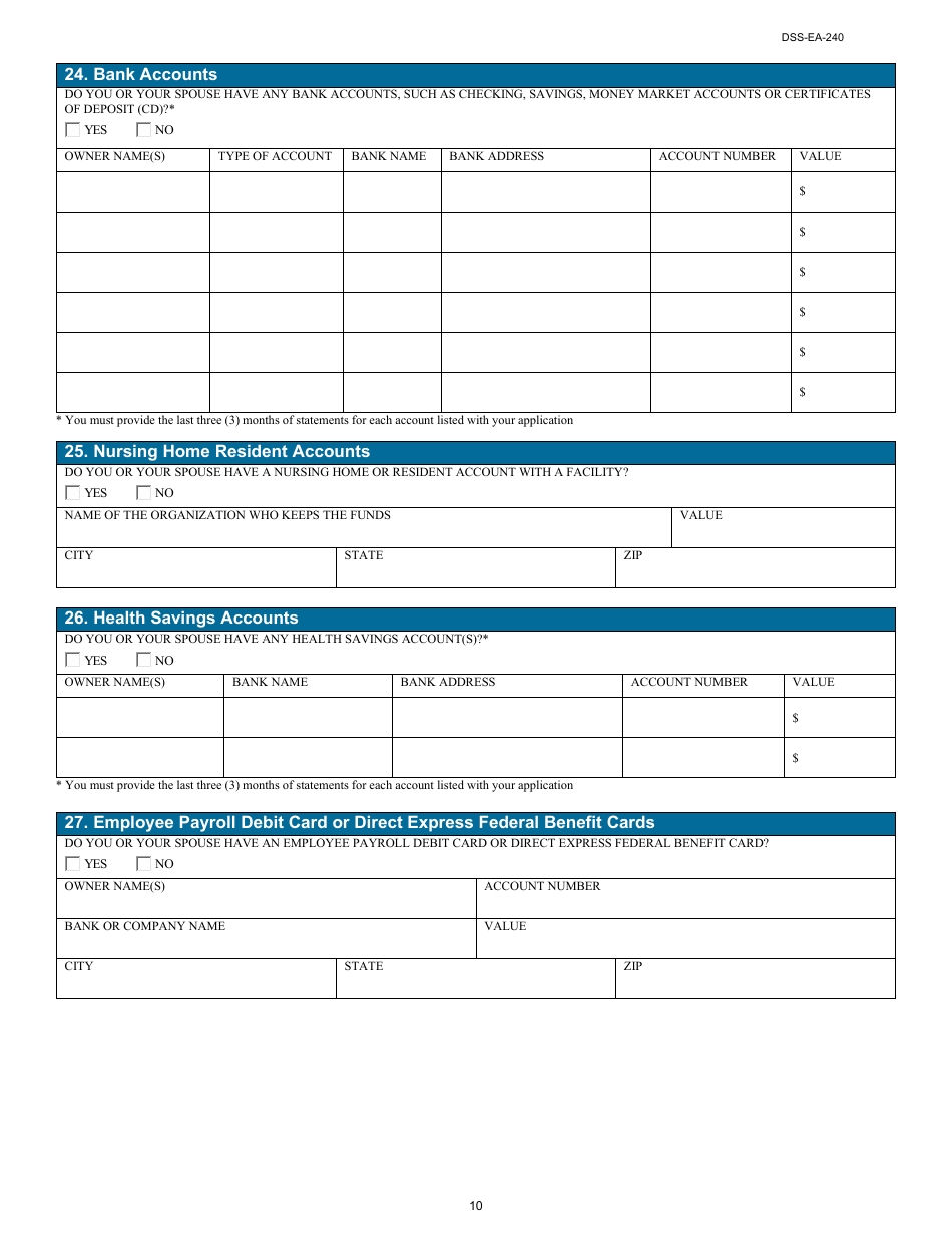 Form DSS-EA-240 Application for Resource Assessment, Long-Term Care, or Other Related Medical Assistance - South Dakota, Page 10