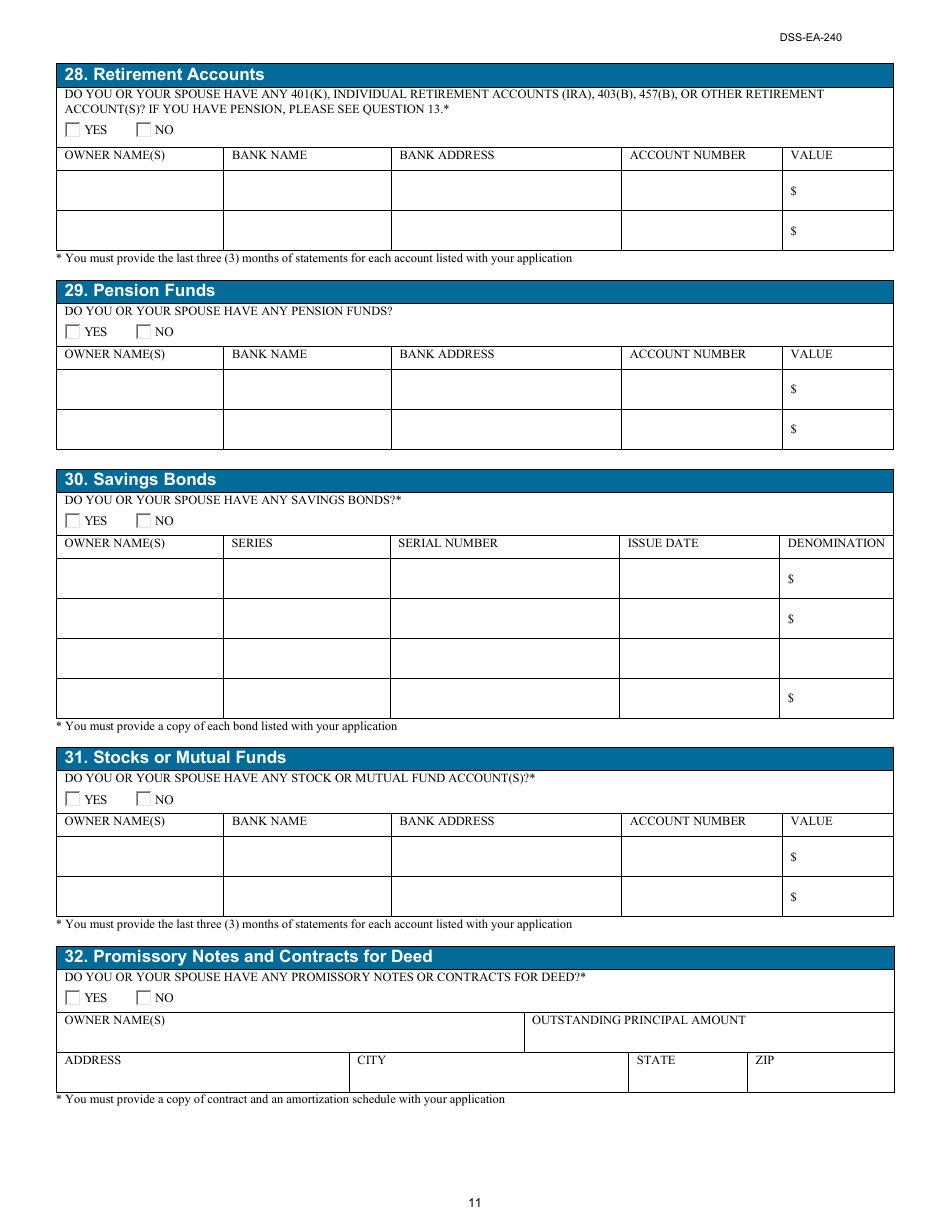 Form DSS-EA-240 Application for Resource Assessment, Long-Term Care, or Other Related Medical Assistance - South Dakota, Page 11