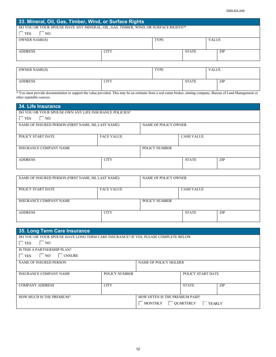 Form DSS-EA-240 Application for Resource Assessment, Long-Term Care, or Other Related Medical Assistance - South Dakota, Page 12