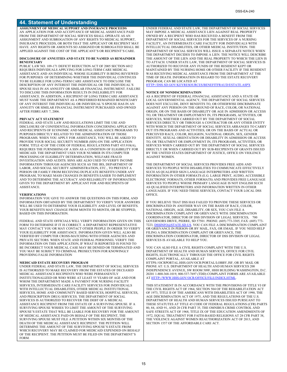 Form DSS-EA-240 Application for Resource Assessment, Long-Term Care, or Other Related Medical Assistance - South Dakota, Page 15