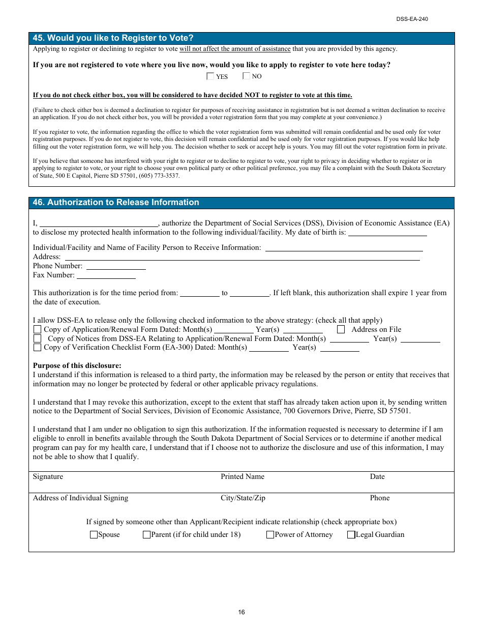Form DSS-EA-240 Application for Resource Assessment, Long-Term Care, or Other Related Medical Assistance - South Dakota, Page 16