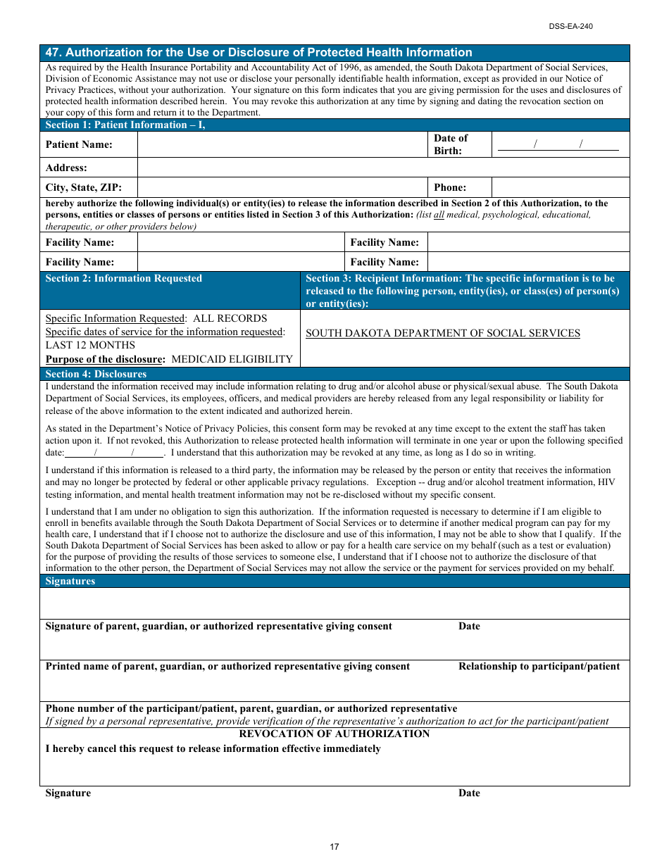 Form DSS-EA-240 Application for Resource Assessment, Long-Term Care, or Other Related Medical Assistance - South Dakota, Page 17