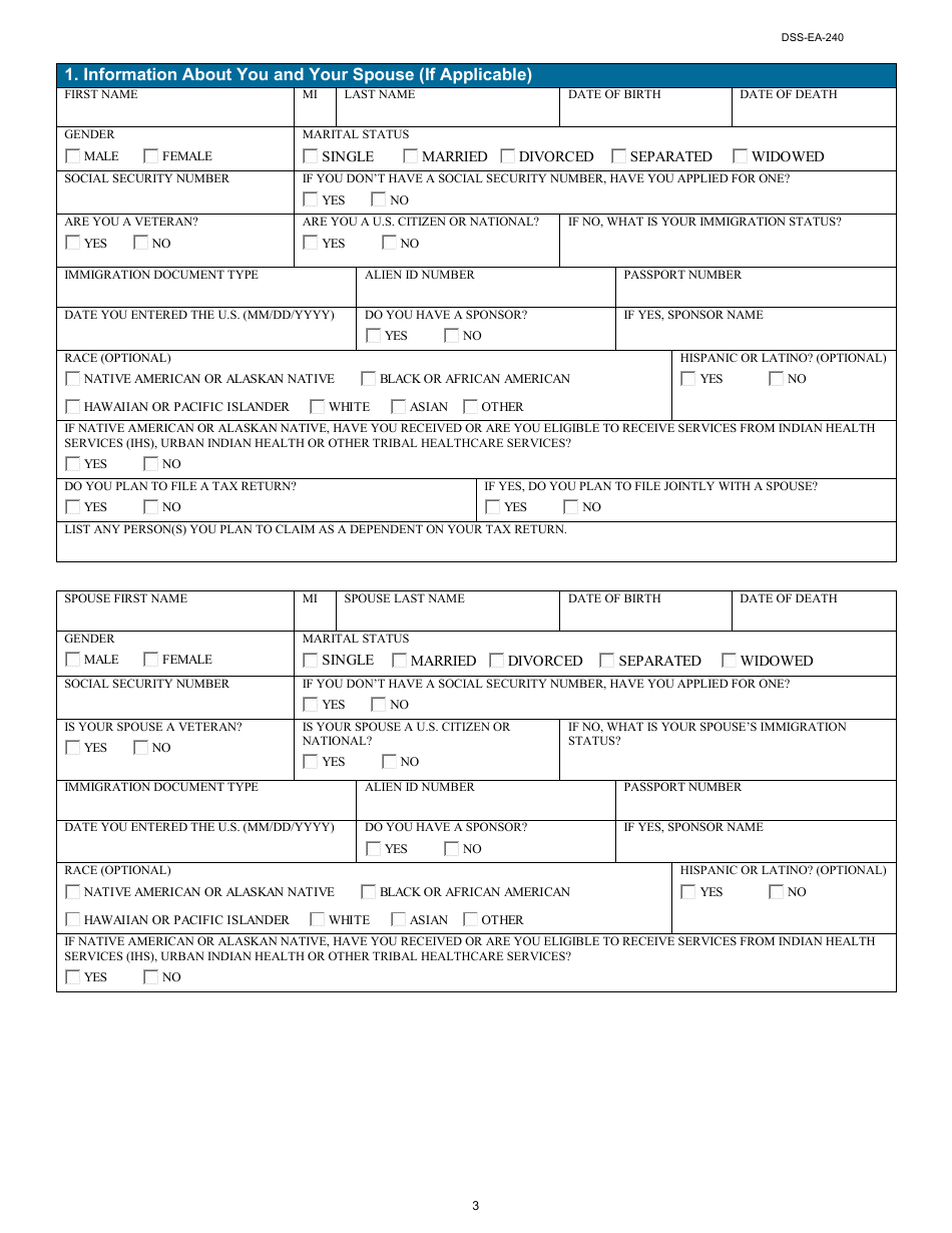 Form DSS-EA-240 Application for Resource Assessment, Long-Term Care, or Other Related Medical Assistance - South Dakota, Page 3