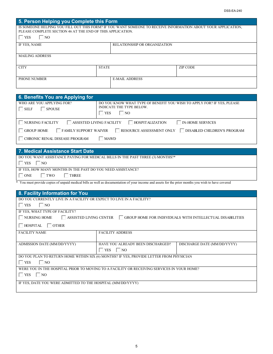 Form DSS-EA-240 Application for Resource Assessment, Long-Term Care, or Other Related Medical Assistance - South Dakota, Page 5