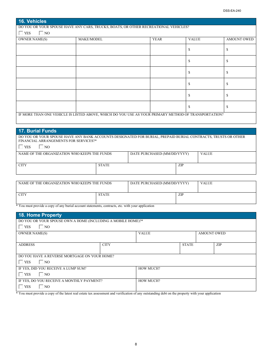 Form DSS-EA-240 Application for Resource Assessment, Long-Term Care, or Other Related Medical Assistance - South Dakota, Page 8