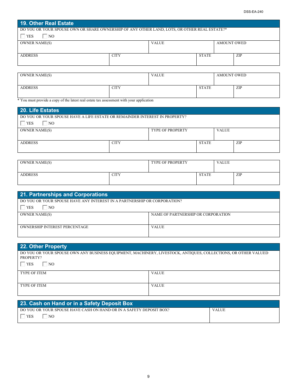 Form DSS-EA-240 Application for Resource Assessment, Long-Term Care, or Other Related Medical Assistance - South Dakota, Page 9