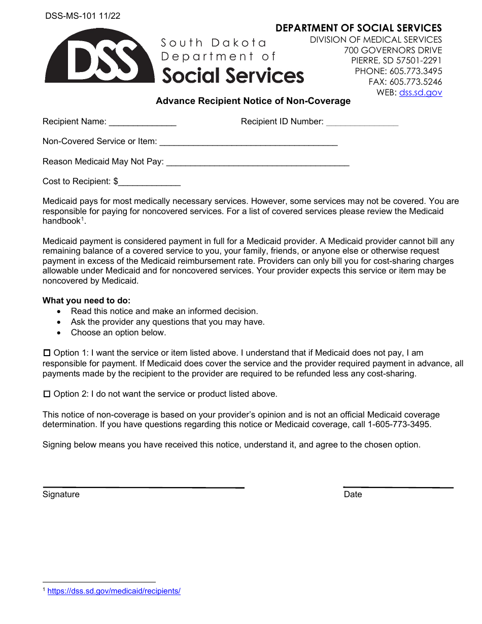 Form DSS-MS-101 Advance Recipient Notice of Non-coverage - South Dakota, Page 1