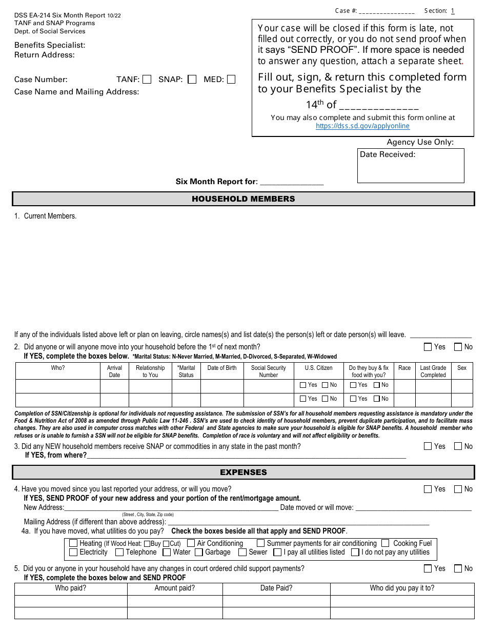 Form DSS EA-214 Six Month Report - TANF and Snap Programs - South Dakota, Page 1