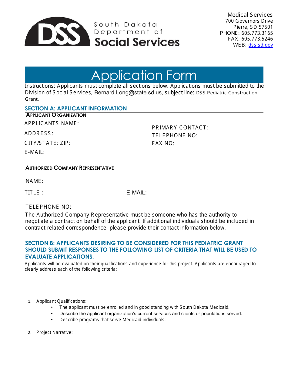 Grant Application Form - South Dakota, Page 1