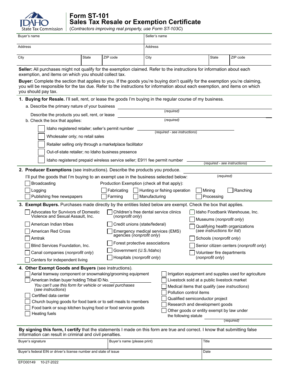 Form ST-101 Sales Tax Resale or Exemption Certificate - Idaho, Page 1