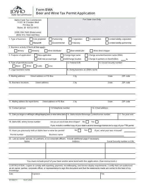 Form BWA (EFO00111) Beer and Wine Tax Permit Application - Idaho