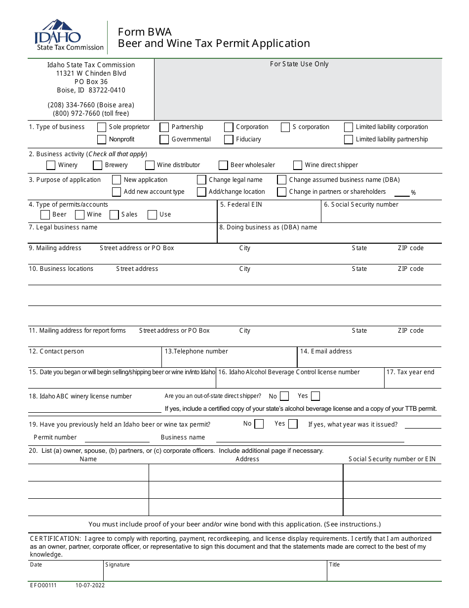 Form BWA (EFO00111) Beer and Wine Tax Permit Application - Idaho, Page 1