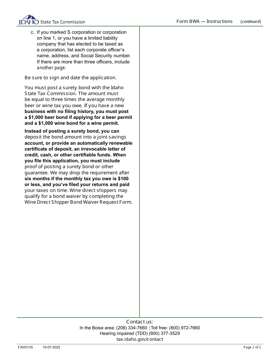 Form BWA (EFO00111) Beer and Wine Tax Permit Application - Idaho, Page 3
