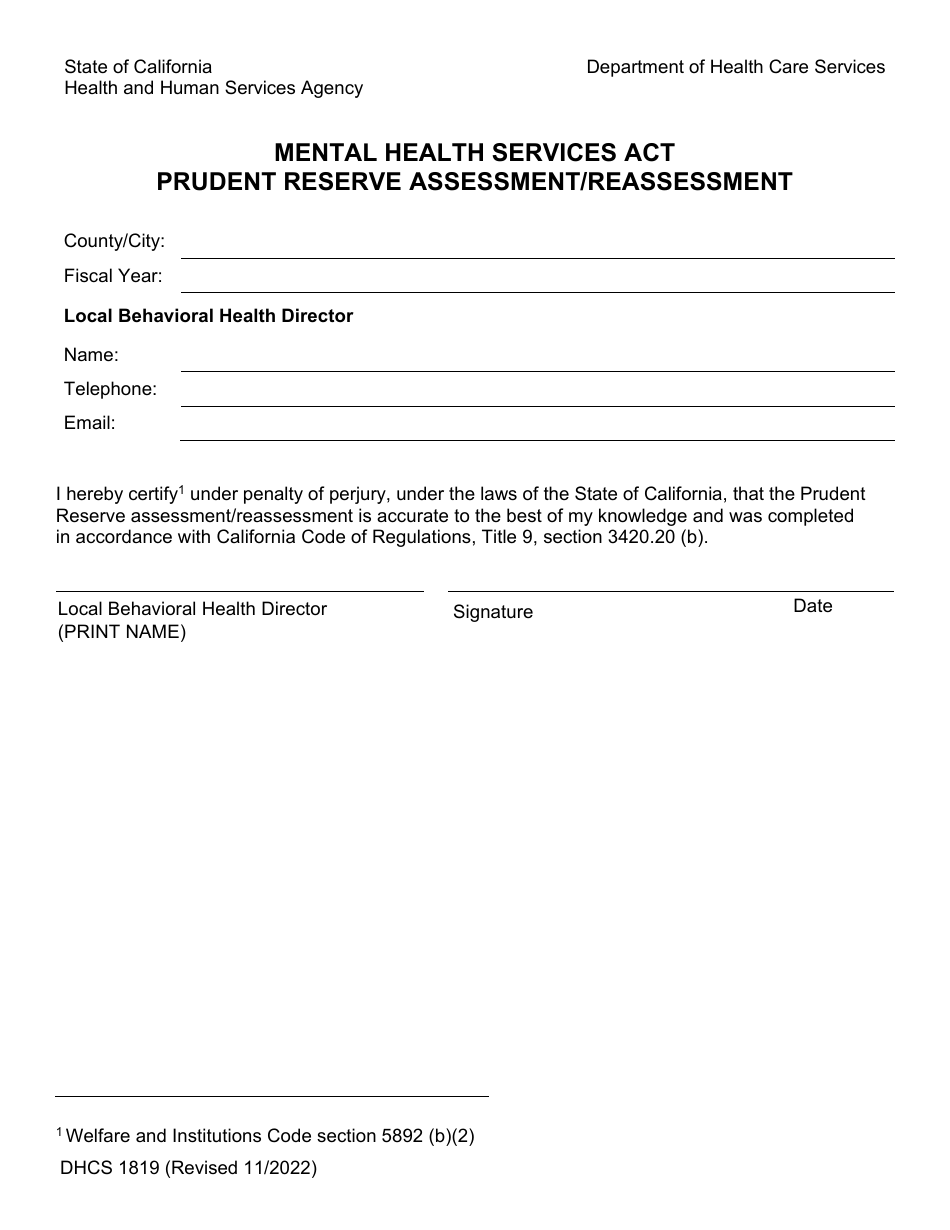 Form DHCS1819 Mental Health Services Act Prudent Reserve Assessment / Reassessment - California, Page 1