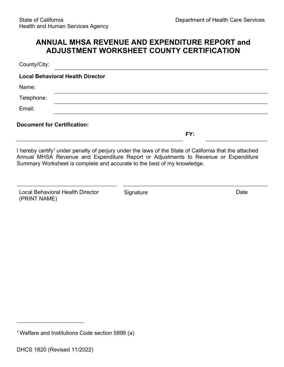 Form DHCS1820 Annual MHSA Revenue and Expenditure Report and Adjustment Worksheet County Certification - California, Page 1