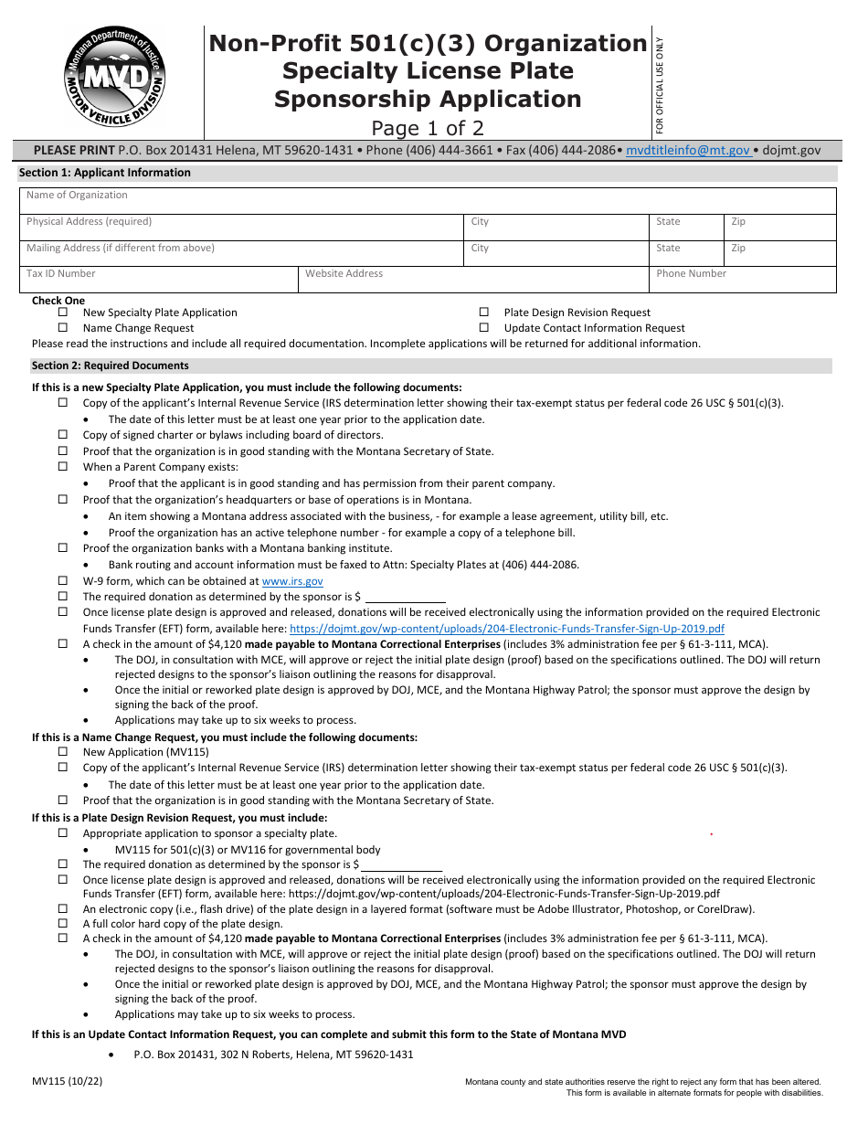 Form MV115 Non-profit 501(C)(3) Organization Specialty License Plate Sponsorship Application - Montana, Page 1