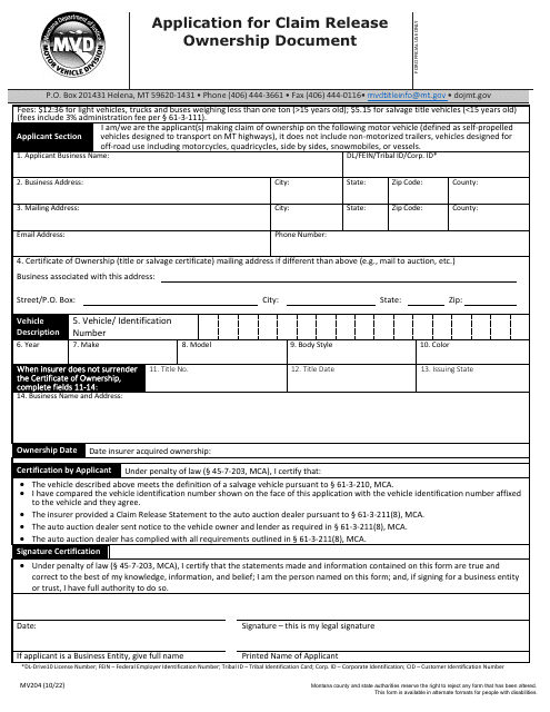 Form MV204 Application for Claim Release Ownership Document - Montana