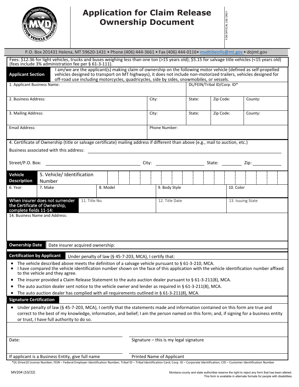 Form MV204 Application for Claim Release Ownership Document - Montana, Page 1