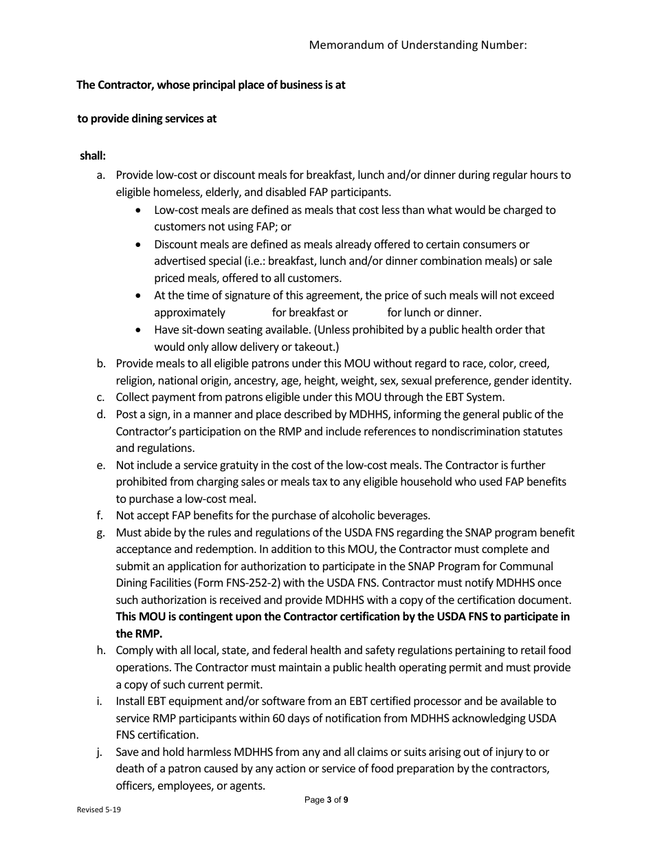 Memorandum of Understanding (Mou) - Restaurant Meal Program - Michigan, Page 3