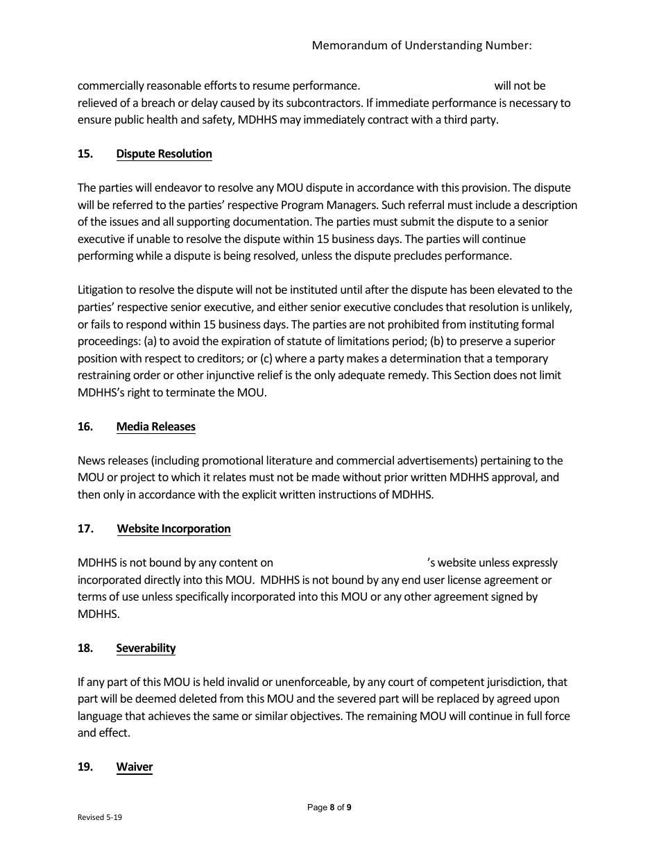 Michigan Memorandum of Understanding (Mou) - Restaurant Meal Program ...