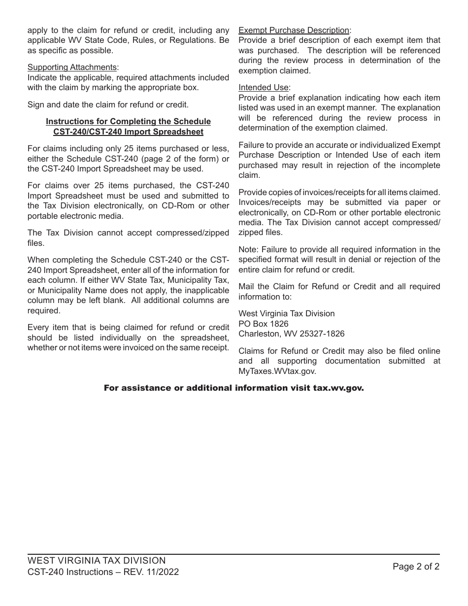 Instructions for Form CST-240 Claim for Refund or Credit of Sales Tax Paid to a Vendor / Reseller - West Virginia, Page 2