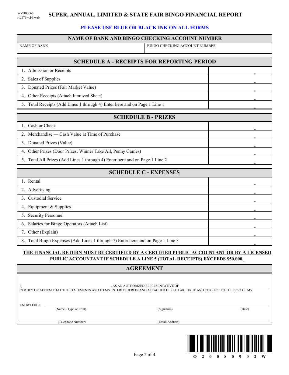 Form WV / BGO-3 Super, Annual, Limited  State Fair Bingo Financial Report - West Virginia, Page 2