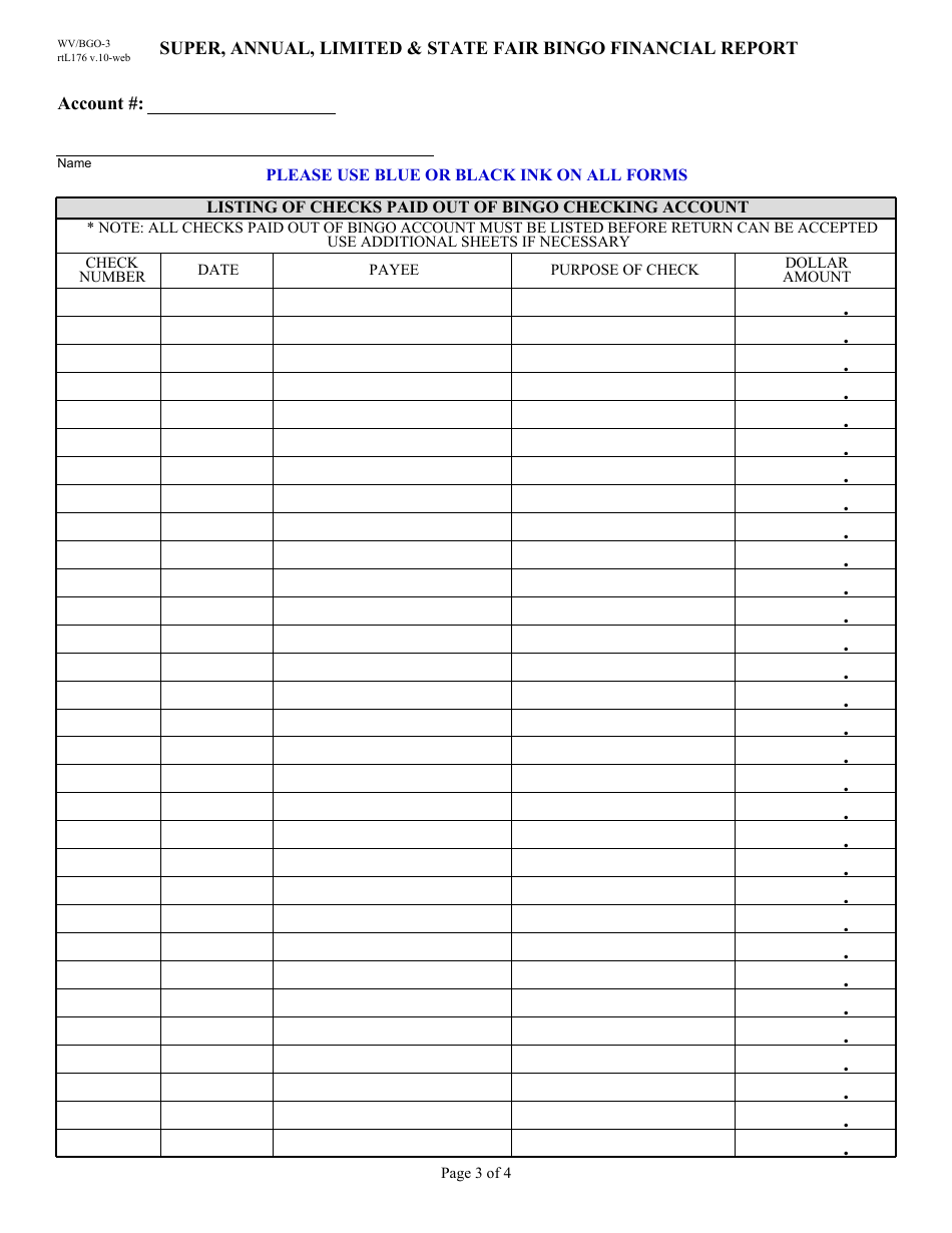 Form WV / BGO-3 Super, Annual, Limited  State Fair Bingo Financial Report - West Virginia, Page 3