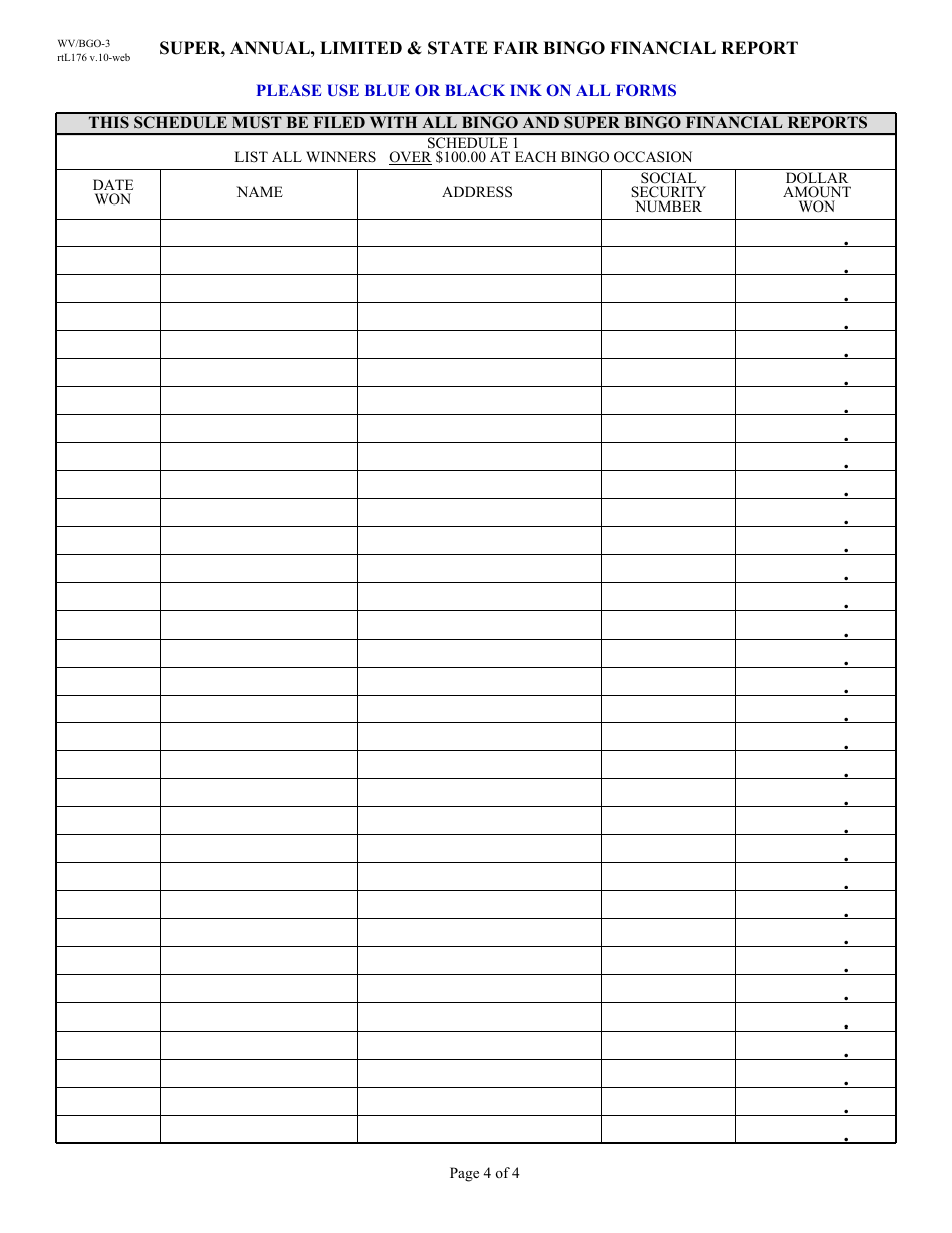 Form WV / BGO-3 Super, Annual, Limited  State Fair Bingo Financial Report - West Virginia, Page 4