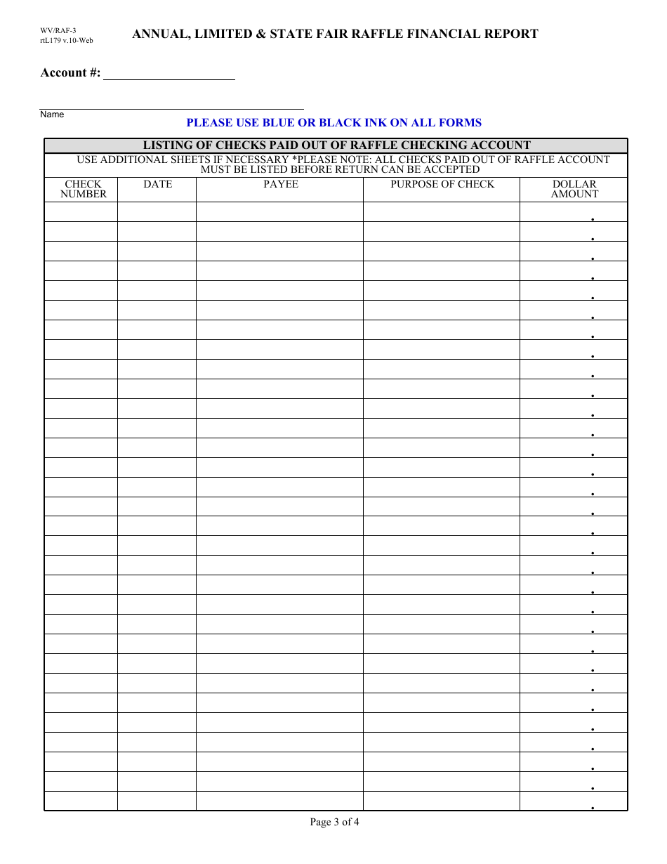 Form WV / RAF-3 Annual, Limited  State Fair Raffle Financial Report - West Virginia, Page 3