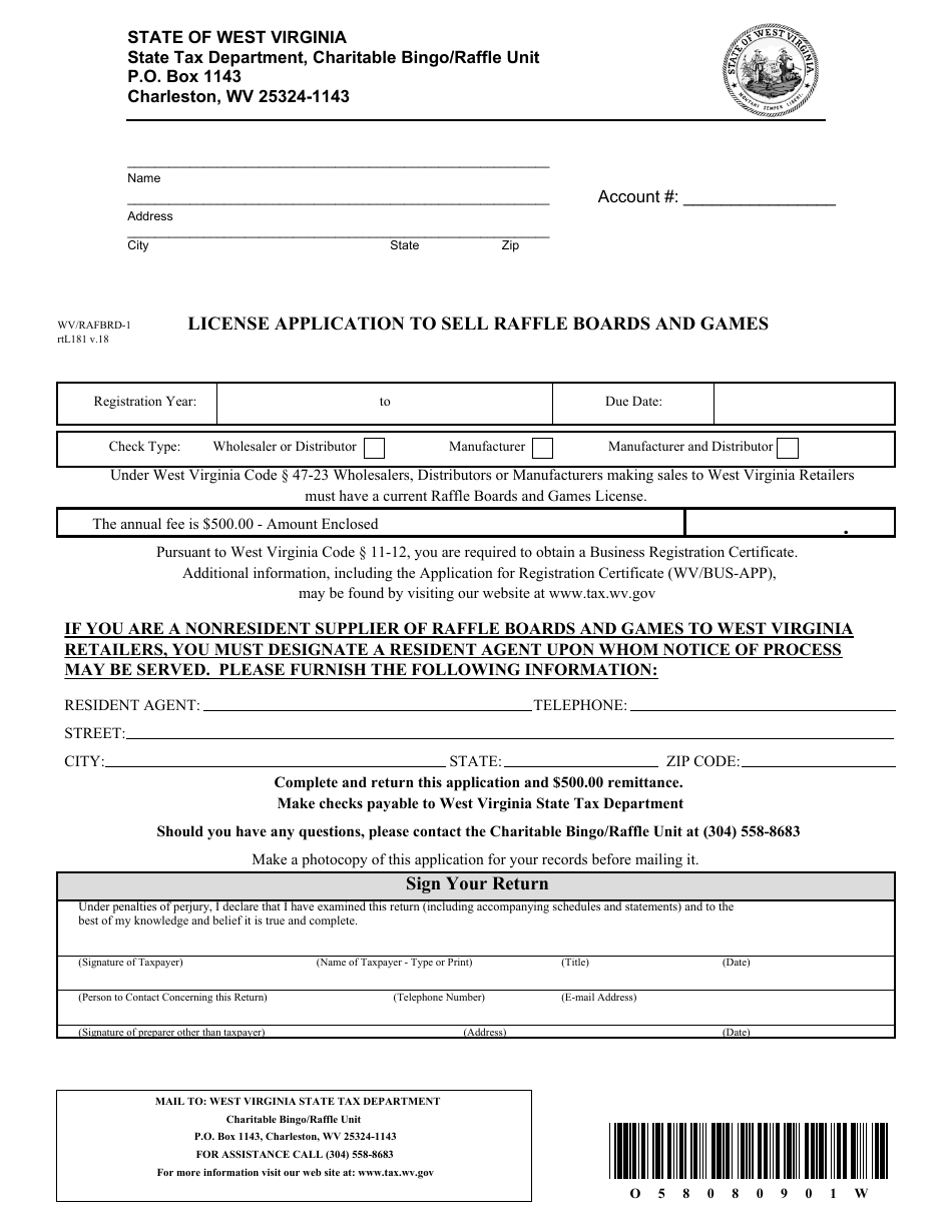 Form WV / RAFBRD-1 License Application to Sell Raffle Boards and Games - West Virginia, Page 1