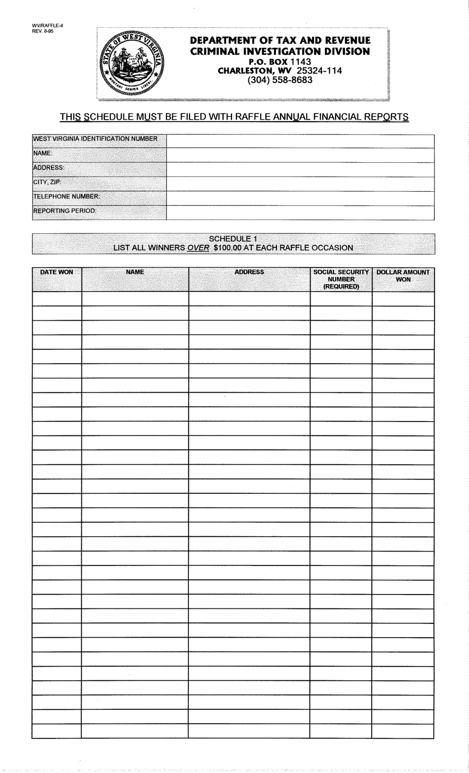 Form WV / RAFFLE-4 Raffle Annual Financial Report Schedule - West Virginia, Page 1