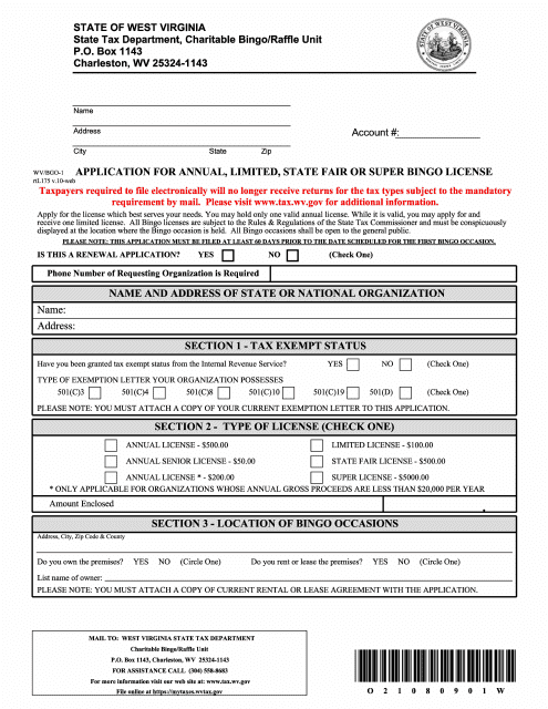 Form WV/BGO-1 Application for Annual, Limited, State Fair or Super Bingo License - West Virginia