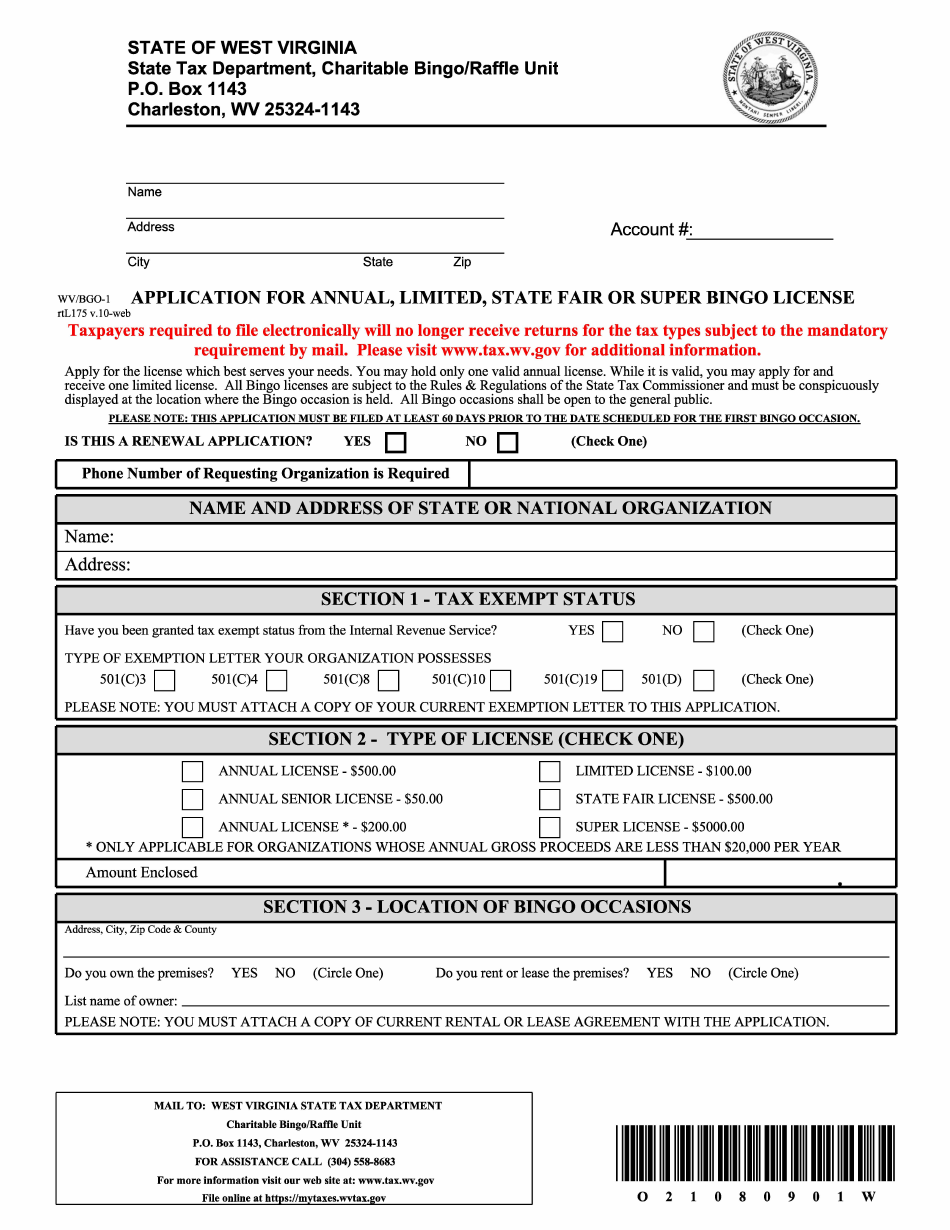 Form WV / BGO-1 Application for Annual, Limited, State Fair or Super Bingo License - West Virginia, Page 1