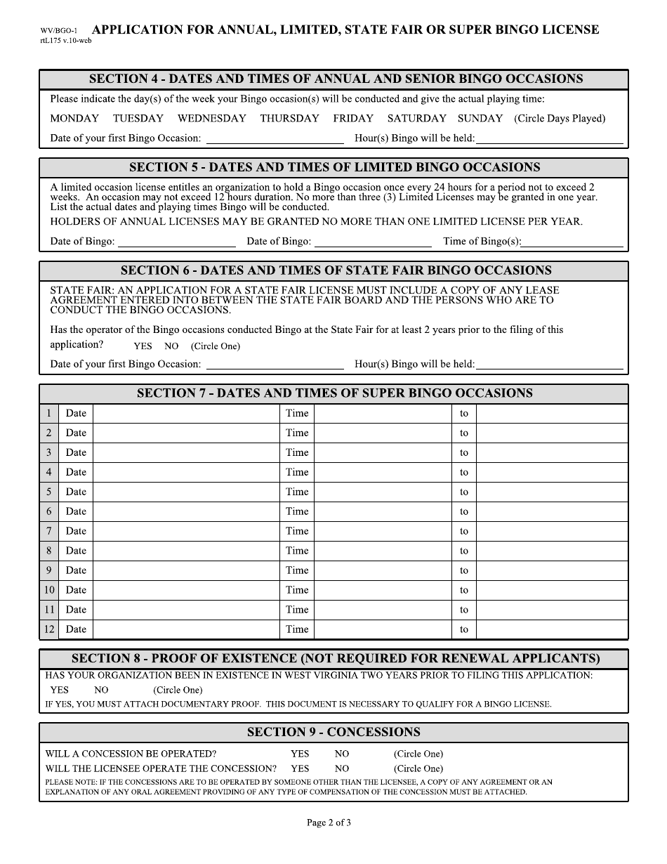 Form WV / BGO-1 Application for Annual, Limited, State Fair or Super Bingo License - West Virginia, Page 2